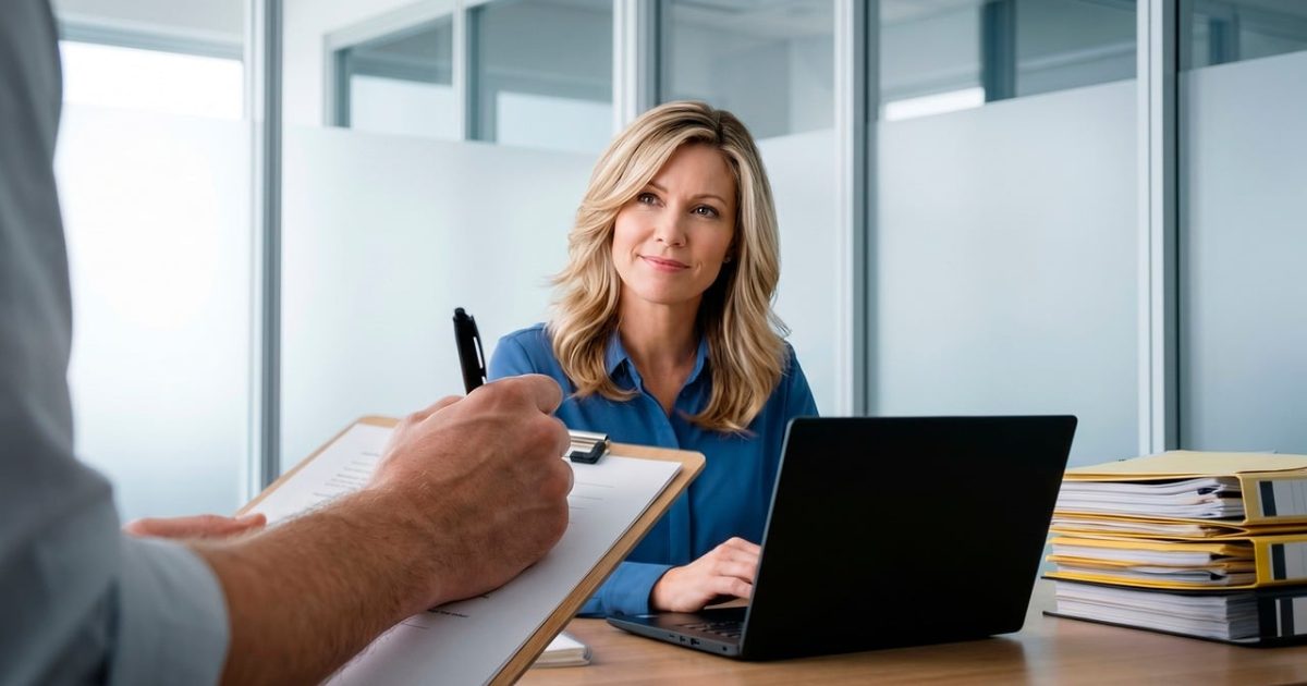Office, meeting, woman, laptop, man, writing, attention, clipboard, business, desk, document, office space, conversation, professional, teamwork, administrative, meeting management, collaboration, deposit, ai generated