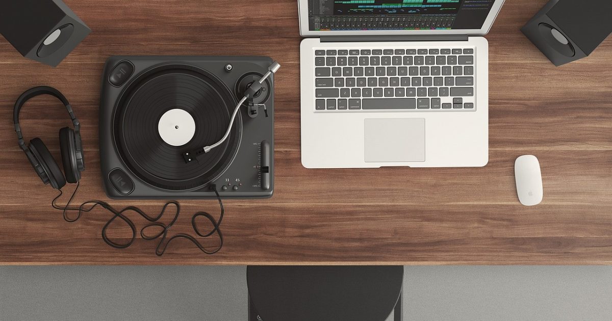 Turntable, computer, workspace, workstation, flat lay, laptop, top view, audio, equipment, music, record, notebook, table, mockup, computer, music, music, music, music, music