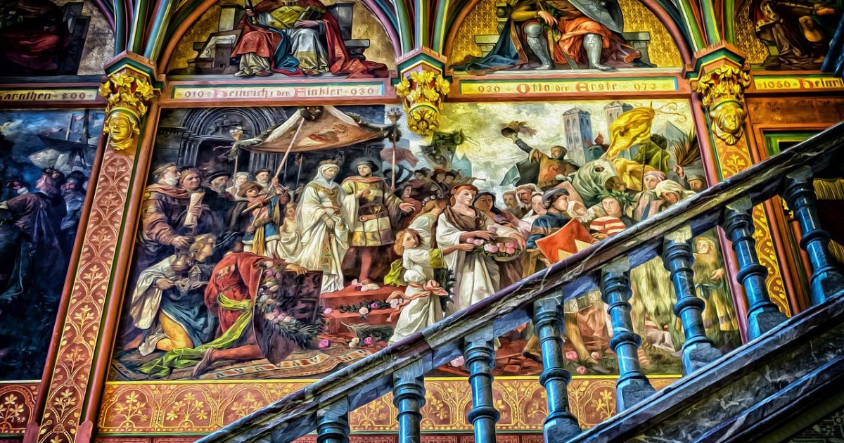 Gallery, art, mural, baroque, ancestral gallery, painting, stairs, wall painting, layout, picture, to dye, multicoloured, historical, old, painted, wall, antique, coloured, painted wall, scene, railing, columns, shine, gloria, ancestors, episode, art, art, painting, painting, painting, painting, painting